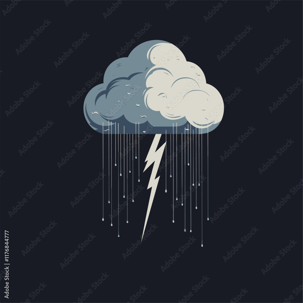 Gray cloud with raindrops and lightning bolt on dark background.