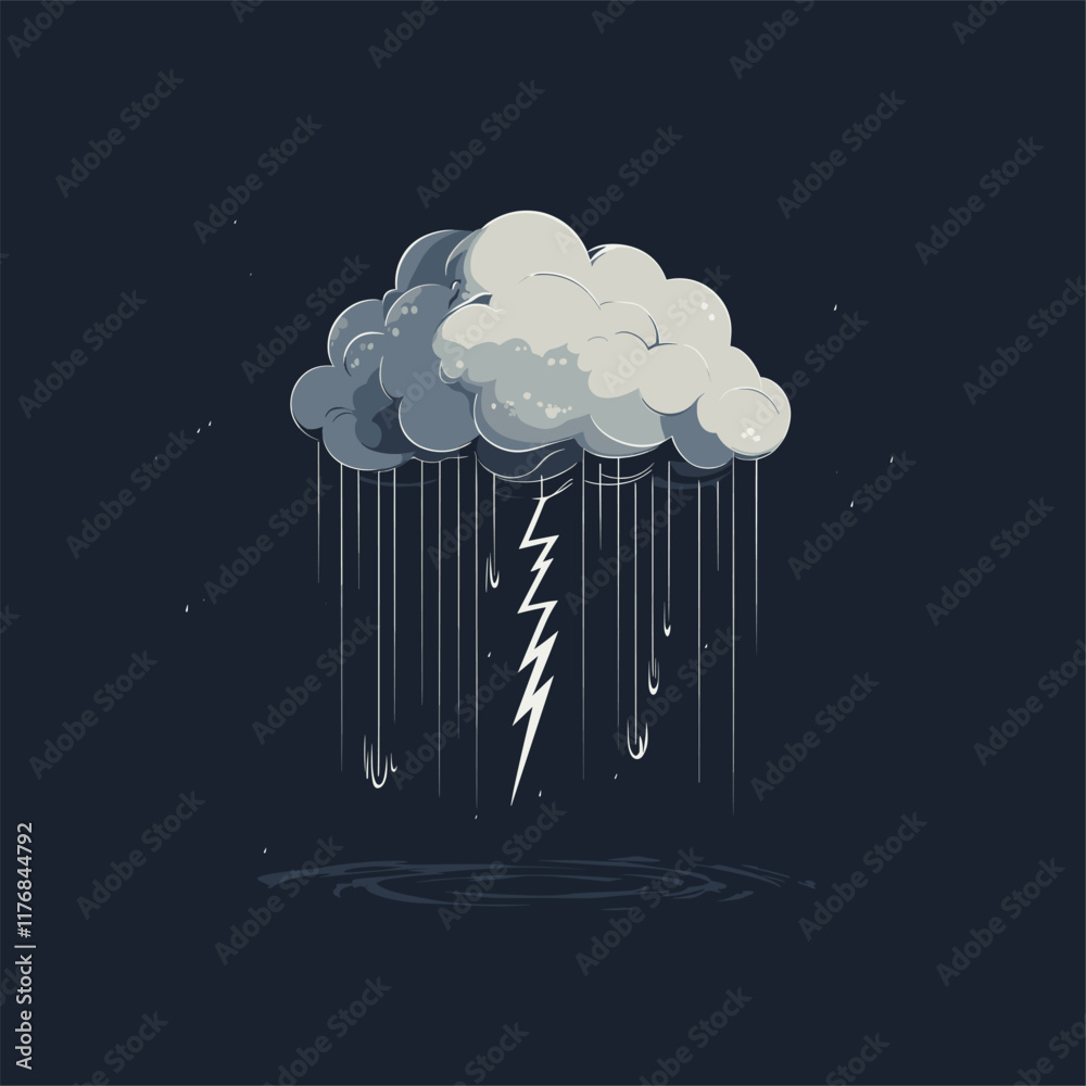Gray cloud with raindrops and lightning bolt on dark background.