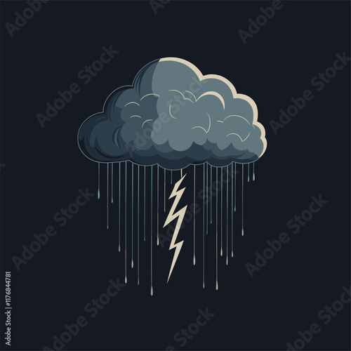 Gray cloud with raindrops and lightning bolt on dark background.