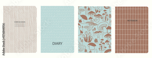 Cover page templates based on patterns with hand drawn Mushrooms, Toadstool style in color 2025 Mocha Mousse. Backgrounds for notebooks, notepads, diaries
