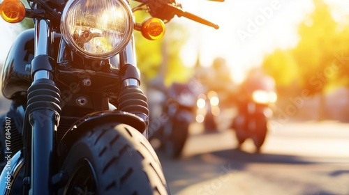 Cafe racer motorcycle parked at street sunny day background photo