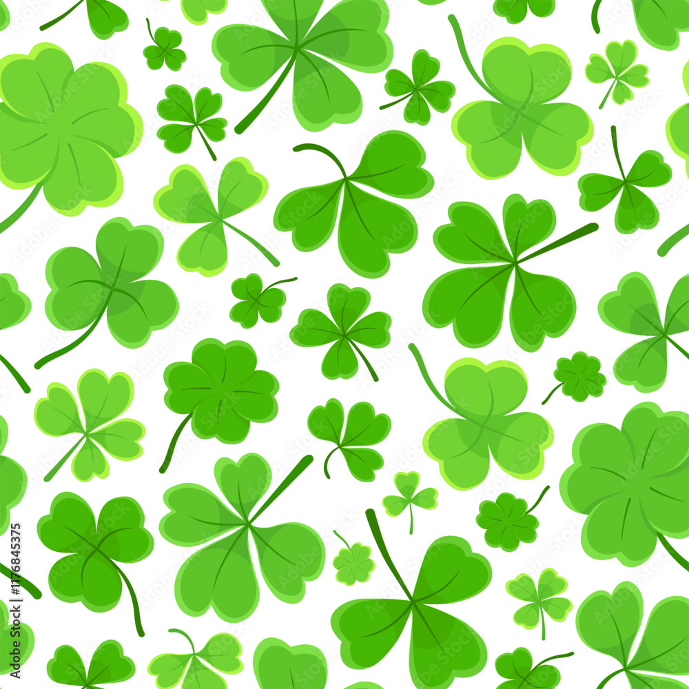 Shamrock or clover leaf flat design green seamless pattern falling leaves on white background vector illustration. Irish holiday celtic St Patrick day motif seamless pattern with shamrock clover leaf.