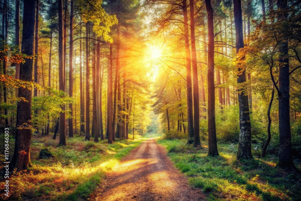 Fototapeta premium Retro autumnal forest scene: sun-drenched path, mystical woods, grainy film aesthetic.