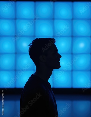 Silhouette of a man against a vibrant blue illuminated wall.  The image conveys a sense of contemplation and mystery.