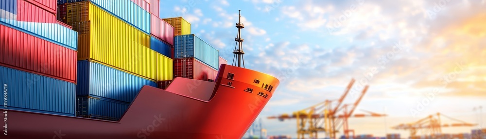 Fototapeta premium Global market shift concept. Container ship at dock during sunset with cranes in the background.