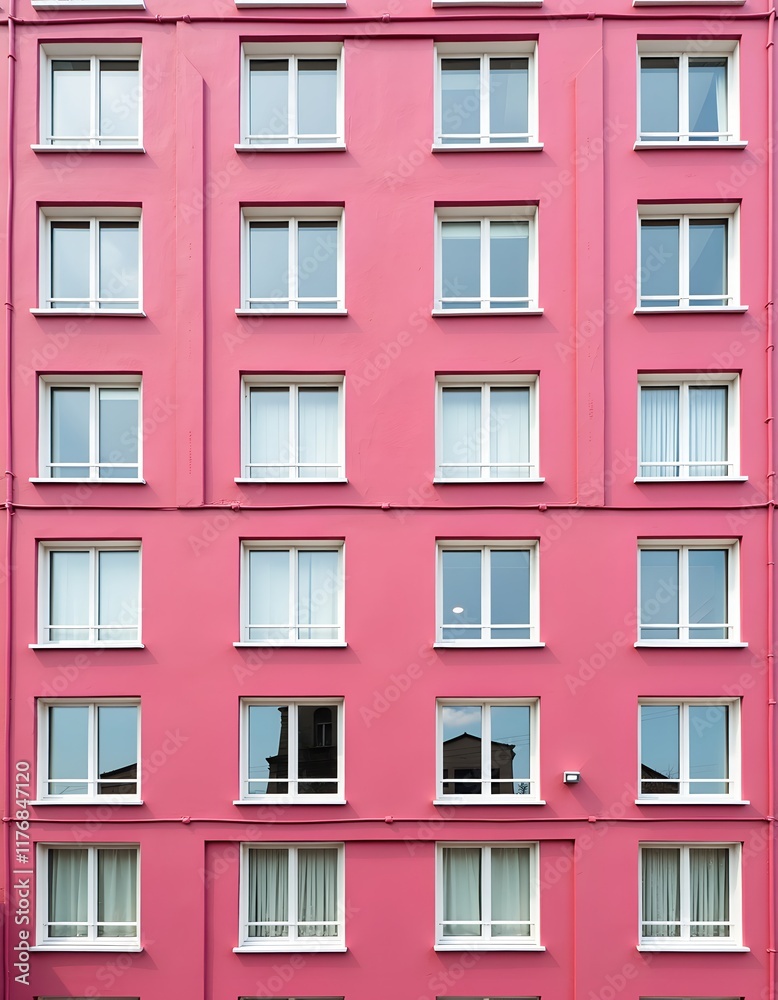 Fototapeta premium Pink building facade with numerous windows. A vibrant and symmetrical architectural detail, showcasing a consistent design pattern.