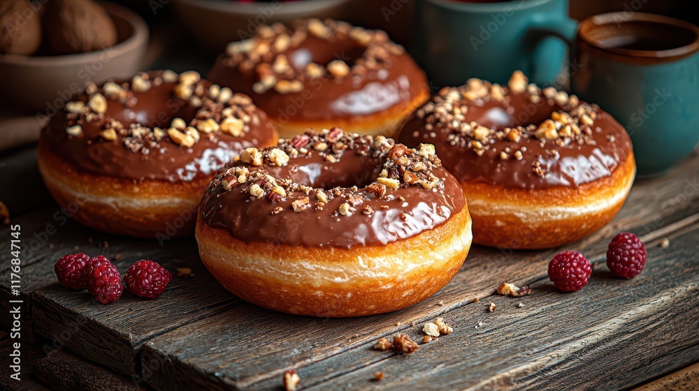 Chocolate glazed donuts with crunchy nuts and fresh raspberries on rustic wood Chocolate glazed donuts with crunchy nuts and fresh raspberries on rustic wood
