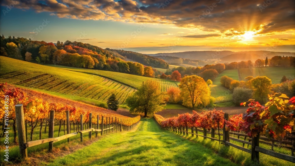 Fototapeta premium Scenic Maryland vineyards showcase autumn's beauty: rolling hills, grapevines bathed in golden light.