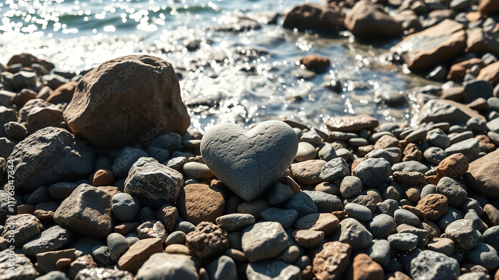 Pebble Beach Stone Heart, Shining Ocean, Summer Love Symbol, AI Photo Pebble Beach Stone Heart, Shining Ocean, Summer Love Symbol, AI Photo
