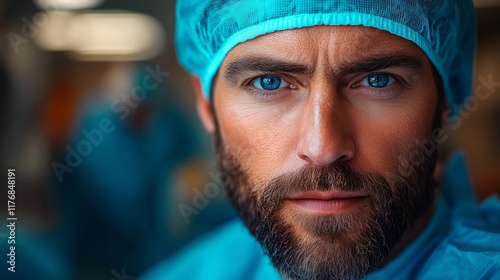 Expert Surgeon in Blue Scrubs Preparing for Surgical Procedure photo