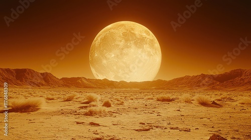 Majestic full moon over desert landscape in golden hue photo