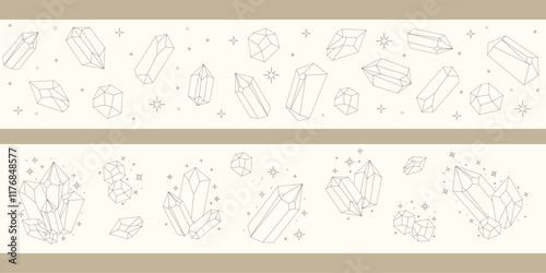 Celestial gemstones seamless border. Crystal thin line set. Simple magical crystal black contour symbol. Witchy.