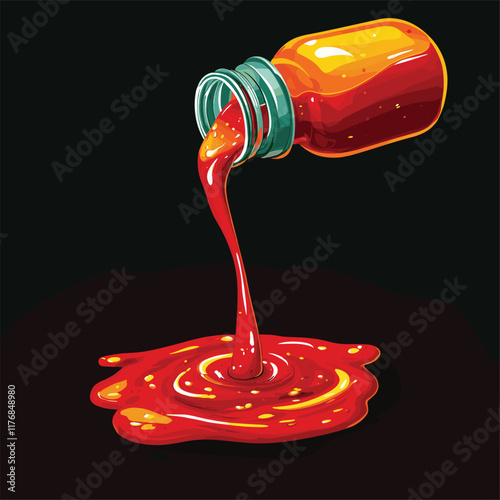 Detailed illustration of ketchup bottle with red sauce stream.