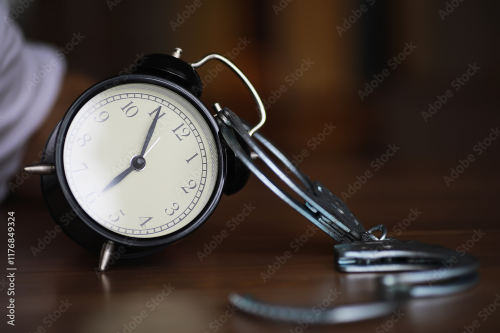 Time and Justice Concept: Alarm Clock Bound by Handcuffs on Wooden Table Time and Justice Concept: Alarm Clock Bound by Handcuffs on Wooden Table