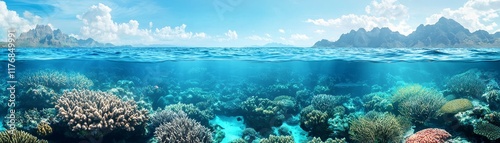 Tax with carbon concept. Vibrant underwater scene showcasing coral reefs and clear blue water.