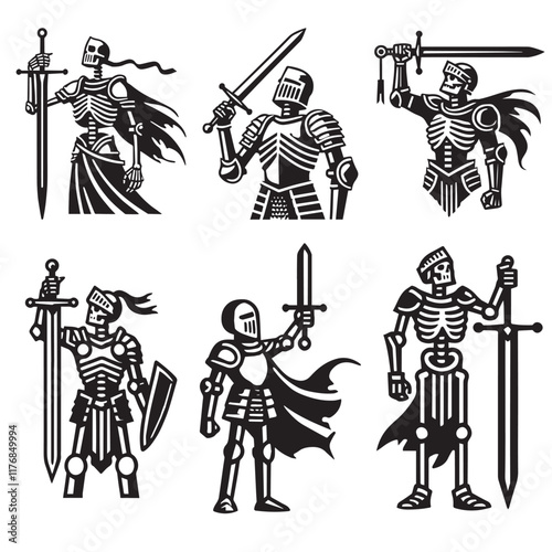 Collection of Knight skeleton skeleton illustration Vector, Man skull clipart Design
