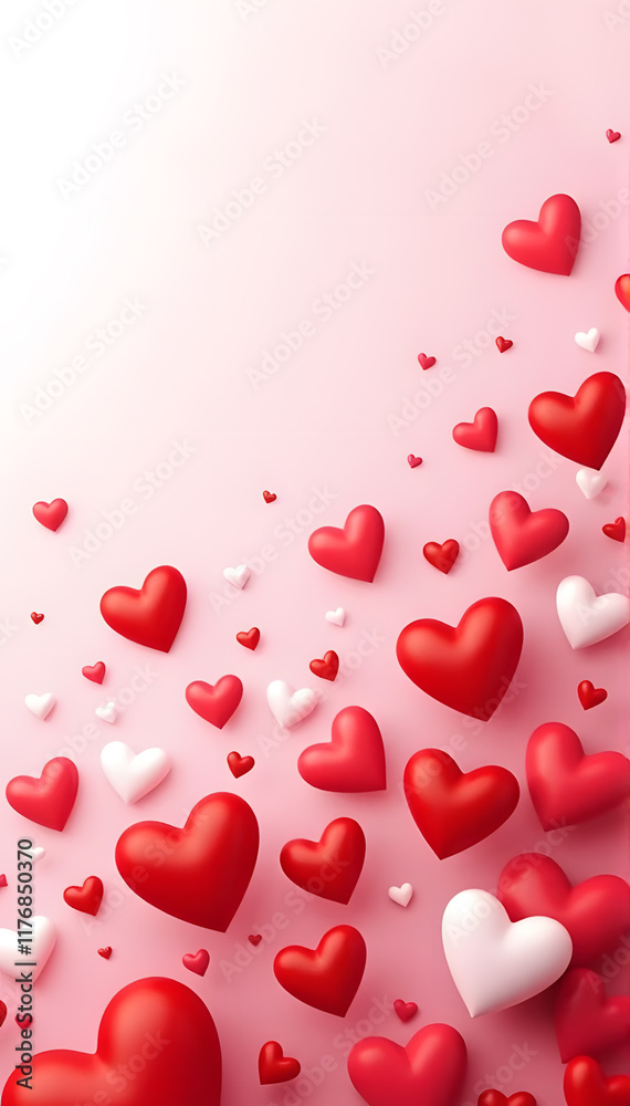 3D rendered hearts in shades of red, pink and white on a light pink background, valentine and love design concept 3D rendered hearts in shades of red, pink and white on a light pink background, valentine and love design concept
