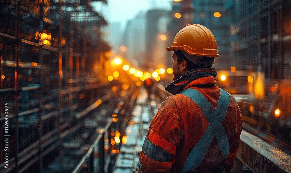 Obraz premium Construction worker, hard hat, urban setting, night.