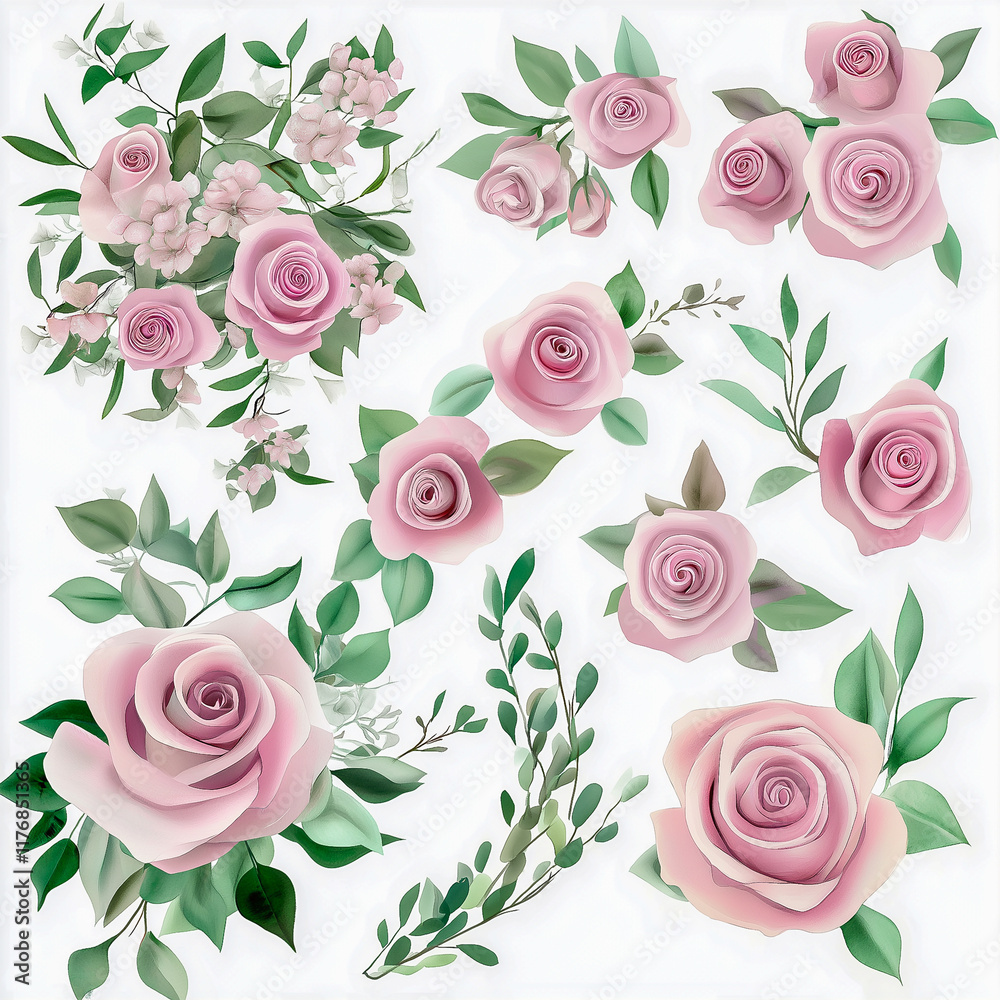 A set of watercolor cliparts with dusty pink Roses and greenery for Wedding invitations and greeting cards on a transparent background A set of watercolor cliparts with dusty pink Roses and greenery for Wedding invitations and greeting cards on a transparent background