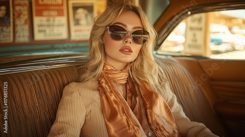 Stylish woman in vintage car with sunglasses and silk scarf photo