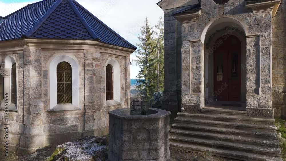 Aerial video over Maria rast am Stein Vyssi Brod Czech Republic