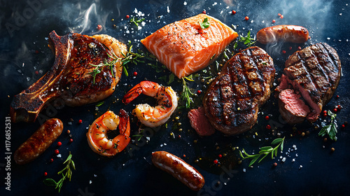 Wallpaper Mural A stunning creative artwork of grilled steaks and shrimp, artistically arranged on a plate with vibrant colors and intricate details, highlighting the delicious textures and presentation Torontodigital.ca