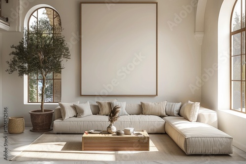 A large white wall in the living room with an extra large white vertical poster hanging on it with oak frame. The painting is white, light yellow linen lounge with stripe cushions. photo