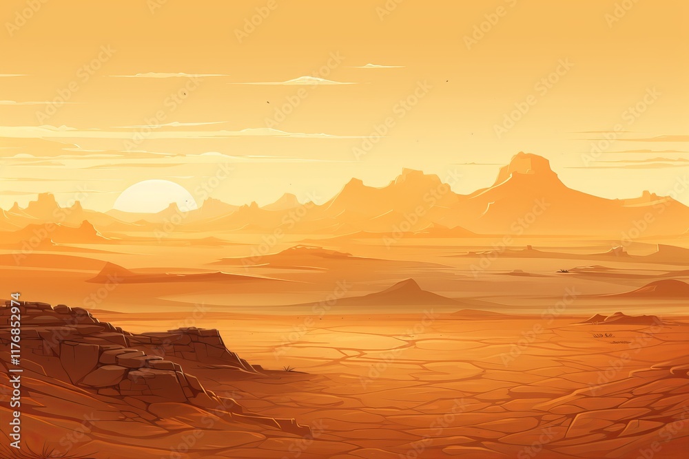 Naklejka premium Serenity at dusk in a vast desert landscape under a golden sky. Generative AI