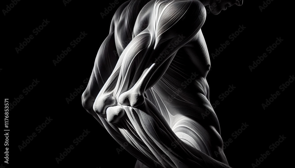 Naklejka premium Artistic composition of a human elbow, abstract lighting creating dramatic shadows and highlights on the bone structure and skin folds.