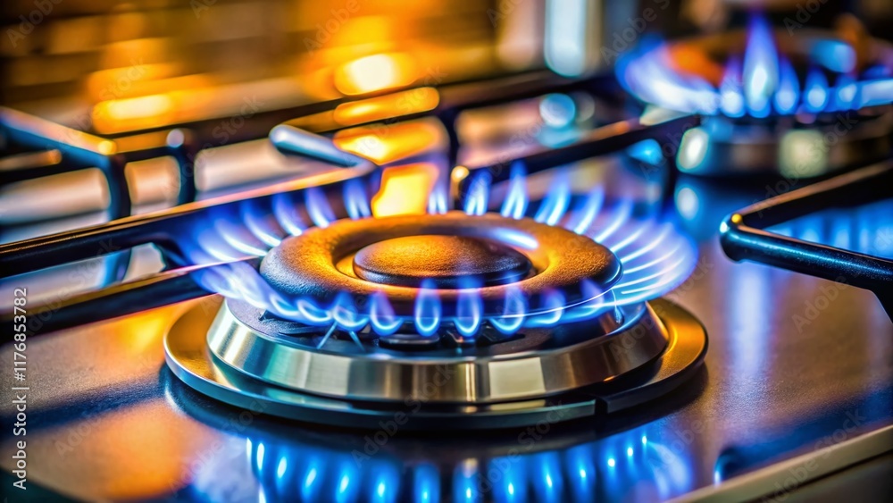 Blue Gas Flame Burning on Kitchen Cooker Hob - Stock Photo Blue Gas Flame Burning on Kitchen Cooker Hob - Stock Photo