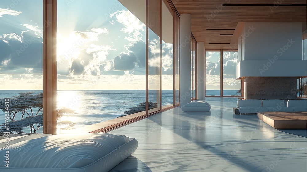 Fototapeta premium Interior of a modern zen house, overlooking the ocean.