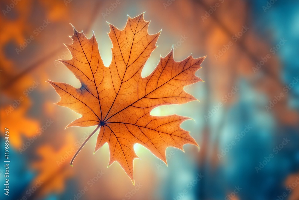 Vibrant Autumn Maple Leaf with Intricate Veins and Blurred Bokeh Background for Creative Design Projects Vibrant Autumn Maple Leaf with Intricate Veins and Blurred Bokeh Background for Creative Design Projects