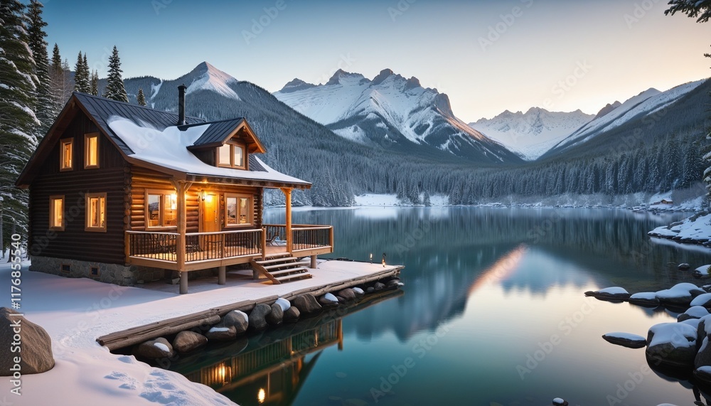 Fototapeta premium Lakeside Cabin Retreat: A Winter Wonderland Getaway