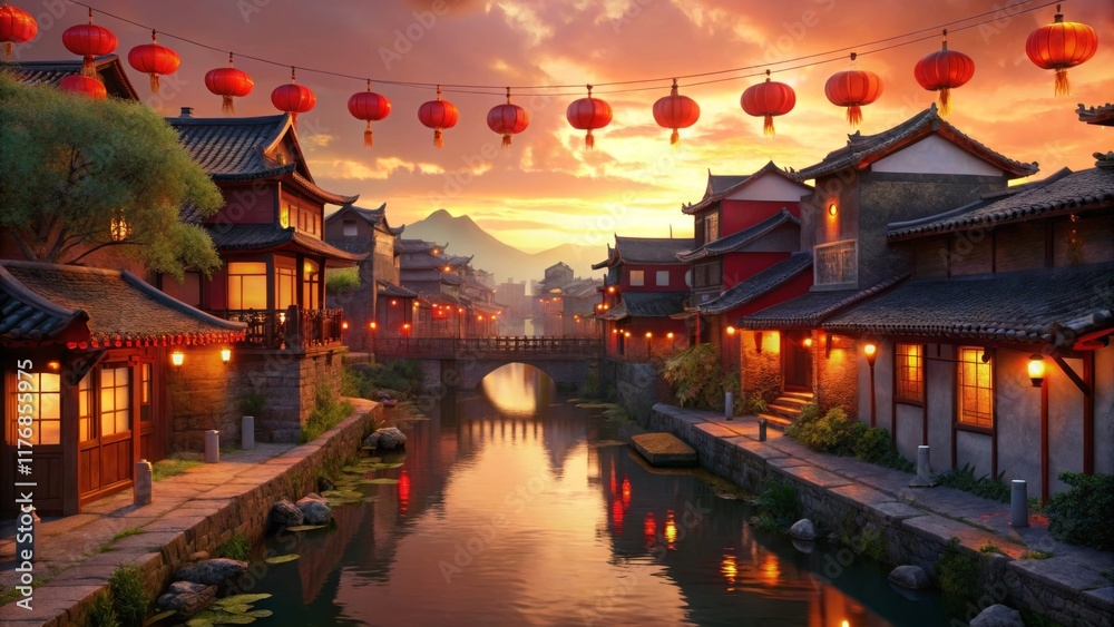 Obraz premium Spring Festival Village at Sunset with Red Lanterns and Stone Bridge