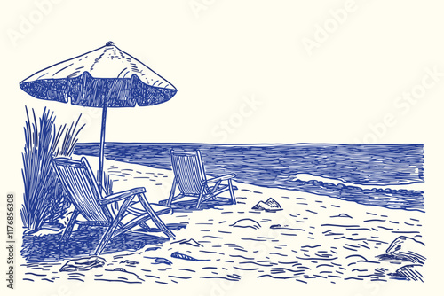 Beach scene with two chairs and a sailboat.
