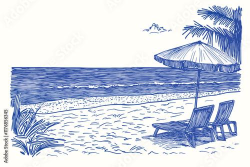 Beach scene with two chairs and a sailboat.