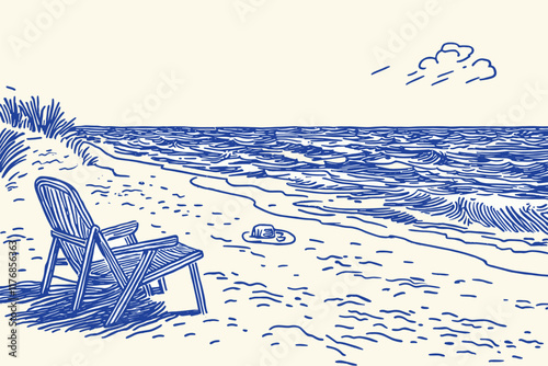 Beach scene with two chairs and a sailboat.