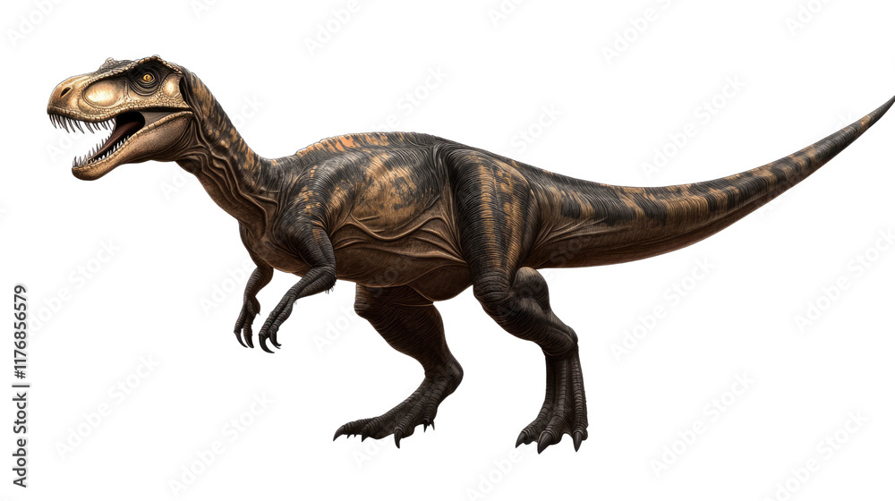 Fototapeta premium Majestic Baryonyx: A detailed digital rendering of a Baryonyx dinosaur, showcasing its powerful build, sharp claws, and textured skin. The dinosaur is presented in a dynamic pose.