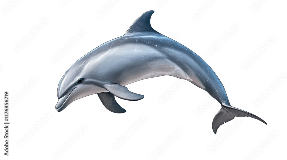 Obraz premium Dolphin Leap: A sleek, powerful dolphin breaches the surface, showcasing its elegant form and graceful movement against a clear background. 