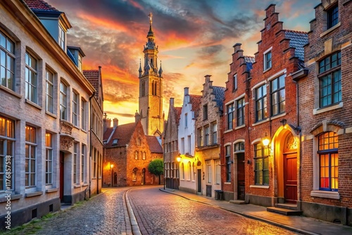 Charming Bruges Street: Red Brick Houses & Belfry Tower - Medieval Flemish Architecture