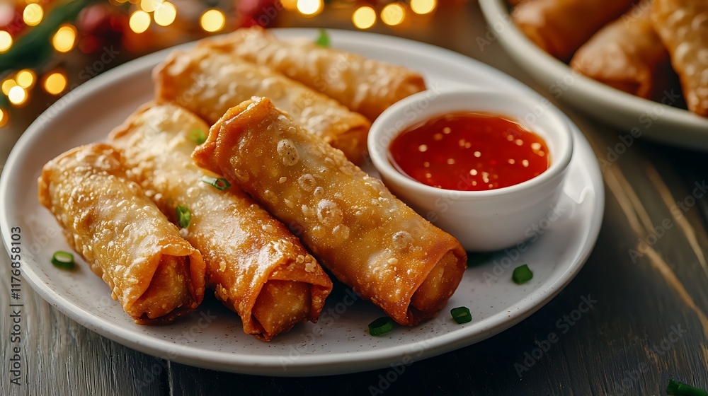 Crispy spring rolls served on a plate with a side of sweet red dipping sauce, perfect for appetizers or snacks.