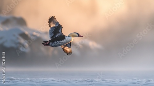 A beautiful bird in flight over a winter landscape.  Sunrise or sunset light illuminates the scene.  The bird is in mid-flight, wings outstretched, with a soft, muted palette, highlighting the tranqui photo