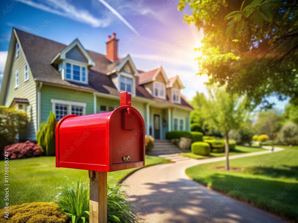 Classic Red Mailbox on Suburban House - Residential Delivery Exterior Stock Photo Classic Red Mailbox on Suburban House - Residential Delivery Exterior Stock Photo