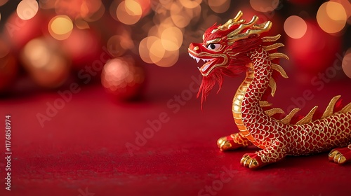 A vibrant red dragon figurine with golden accents, set against a festive background of blurred lights and ornaments. photo