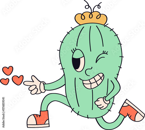 Groovy Cactus Character Shooting Love Hearts Doodle Retro