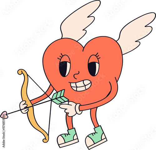 Groovy Heart Character Shooting Cupid's Arrow Doodle Retro