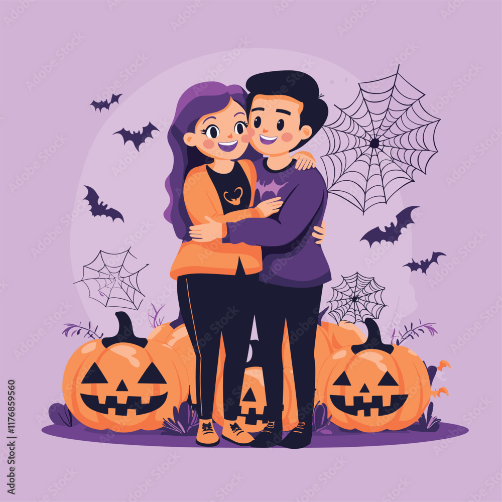 Fototapeta premium Couple holding carved pumpkin with jack-o'-lantern faces.