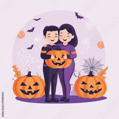 Couple holding carved pumpkin with jack-o'-lantern faces. photo