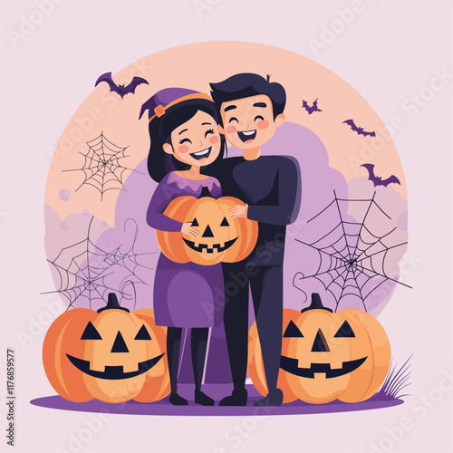 Couple holding carved pumpkin with jack-o'-lantern faces. photo