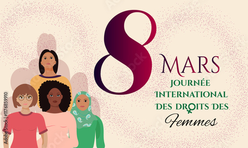 International Women's Day Women's Rights Day in French. March 8. Horizontal banner with different women for awareness and equality campaigns. Vector.